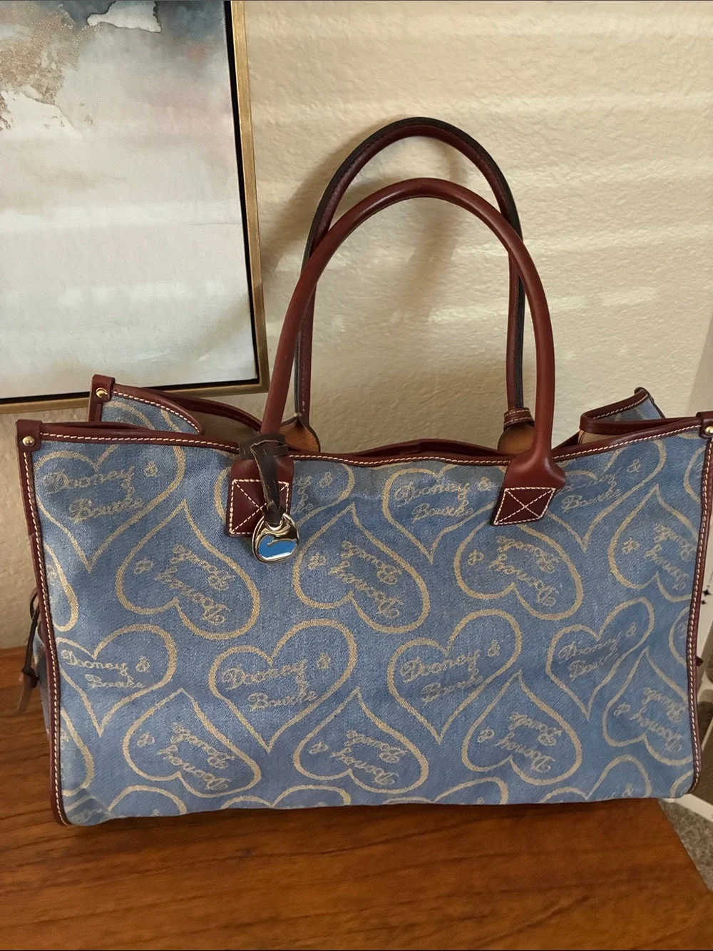 Dooney & Bourke rare vintage Blue Heart-denim leather trim tote bag